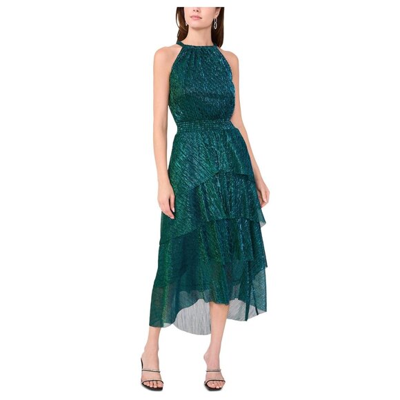 1.State Womens Green Metallic Tiered Halter Midi Dress M - Picture 1 of 8